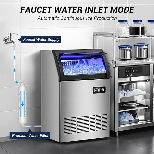 220LBS Commercial Ice Maker Machine - 72PCS Ice Cubes per Round, Undercounter/Freestanding Ice Machine, 55LBS Ice Storage Capacity for Home Bar and Outdoor, Stainless Steel Self-Cleaning