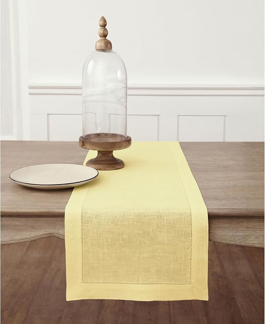 Solino Home Linen Yellow Table Runner 48 Inches - Classic Hemstitch, 100% Pure Linen Coffee Table Runner 14 x 48 Inch Ideal for Dresser Tables