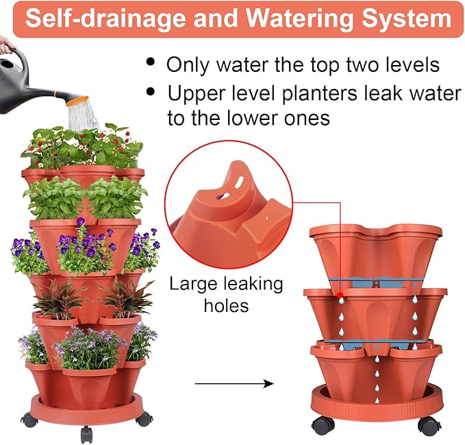 Vertical Planter 5 Tier Stackable Planters Garden Planters Strawberry Herb Flower and Vegetable Planter Indoor Outdoor Gardening Pots with Removable Wheels and Tools