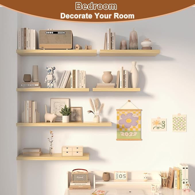 48 Inch Floating Shelf 2 Pack Large Floating Shelves for Wall No Drilling Accessories Included Deep Wall Shelves for Living Room Kitchen Farmhouse 48" W x 12" D x 1.2" Oak