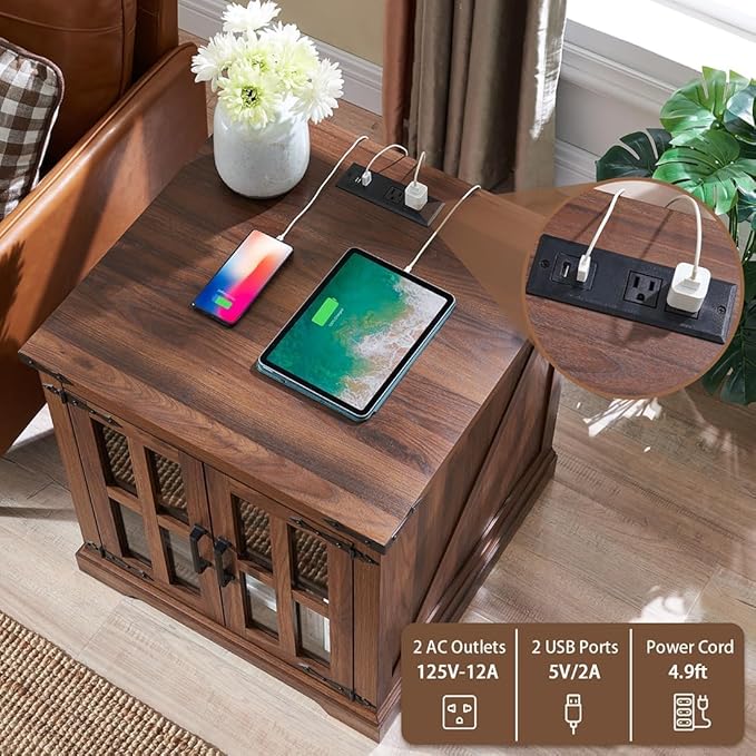 Farmhouse End Table with Charging Station,24" Large Sofa Side Table with Glass Barn Door, Rustic Wood Nightstand Bedside Table with Adjustable Storage Shelf for Living Room, Bedroom, Walnut