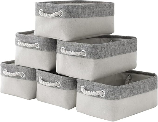Basket for Organizing Cube Stgorage Bin - Small 6 Pack Fabric Storage Cubes Collapsible Baskets for Shelves with Rope, Bins for Organization Closet Cloth Toy Laundry Canvas (Grey&White 12x8x5.2 inch)