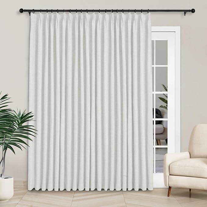 Macochico Extra Wide Full Blackout Linen Curtains for Sliding Door Greyish White Pinch Pleated Linen Curtains 96 Inches Long for Bedroom Living Room Farmhouse with Tieback 120”Wx96”L 1 Panel