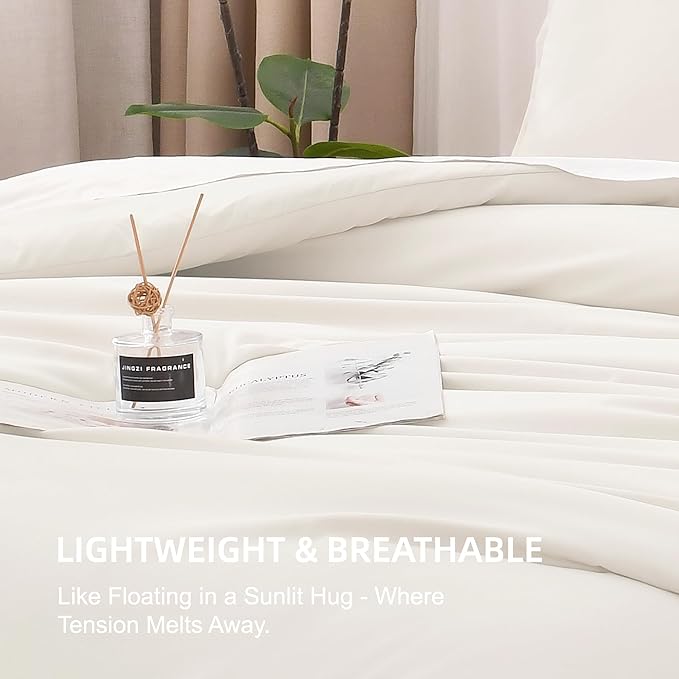 Litanika Comforters Ivory Oversized King Size, 3 Pieces Lightweight Solid Bedding Comforter Set, All Season Fluffy Bed Set (120x98In Comforter & 2 Pillowcases)