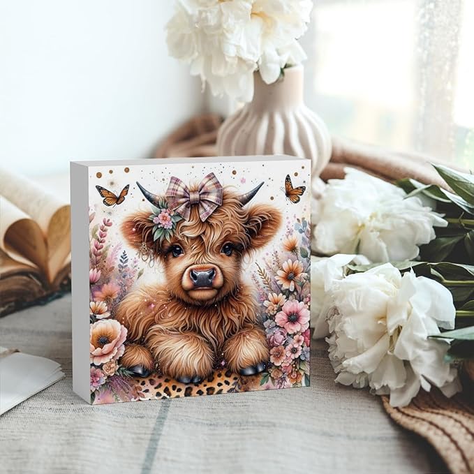 Highland Cow Baby Decor, Highland Cow Decor, Highland Cow Gifts for women, Highland Cow Nursery Decor, Gifts for Girls, Wooden Box Decor Sign for Home Farmhouse Office Living Room Table Shelf Tiered