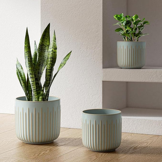LE TAUCI Fluted Ceramic Planters Set of 3 – 8.3/7 / 5.7 in Blue Gray Reactive Cylinder Indoor Plant Pots with Drainage Plug & Mesh, Glossy Stoneware Flower Pots for Succulents Herbs