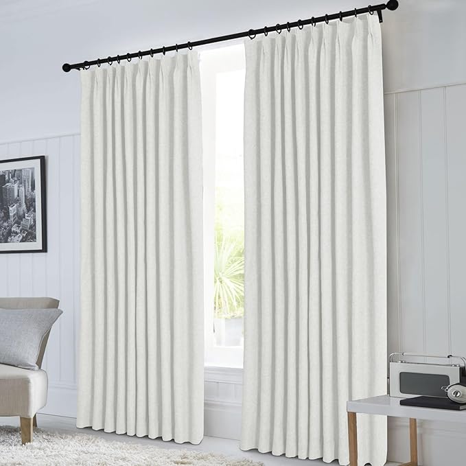 Macochico 100% Blackout Pinch Pleated Linen Curtains Thermal Window Treatments Sound Reducing Curtains for Bedroom Living Room Greyish White Farmhouse Burlap Drapes with Tieback 52”Wx63”L 1 Panel