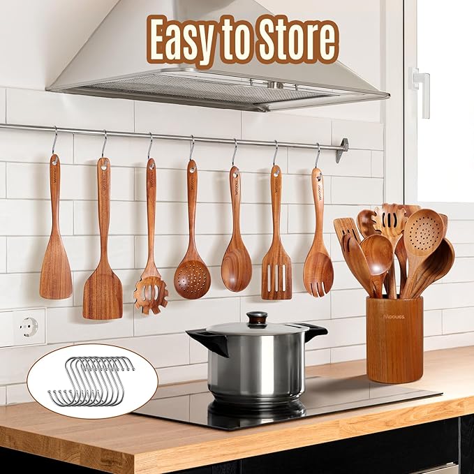 Wooden Spoons for Cooking, 12PCS Teak Wooden Kitchen Utensil Set with Spoon Rest - Smooth Finish, Non-Stick, Comfortable Grip, Heat Resistant Cooking Utensils Set