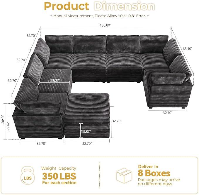 HOOOWOOO Modular Sectional Sofa,8 Pieces Sectional Couches for Living Room,131X98 G Shaped Cloud Couch with Ottoman Chaise Set(Gray Velvet Corduroy)