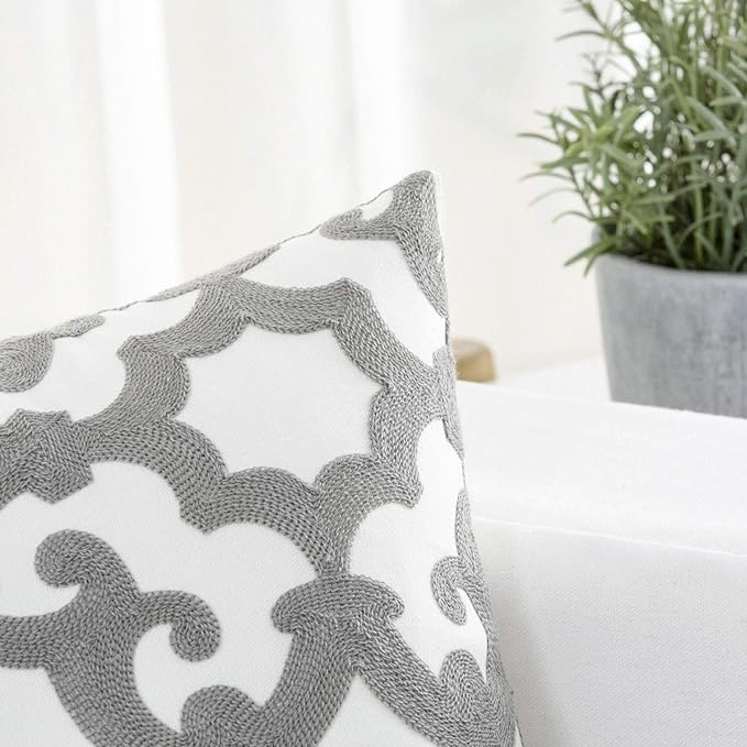 HWY 50 Grey Gray Decorative Throw Pillow Covers 18x18 Inch (1 Piece), Embroidered Cotton Farmhouse Cushion Cover Pillow Case for Sofa Couch Living Room Bed, Geometric