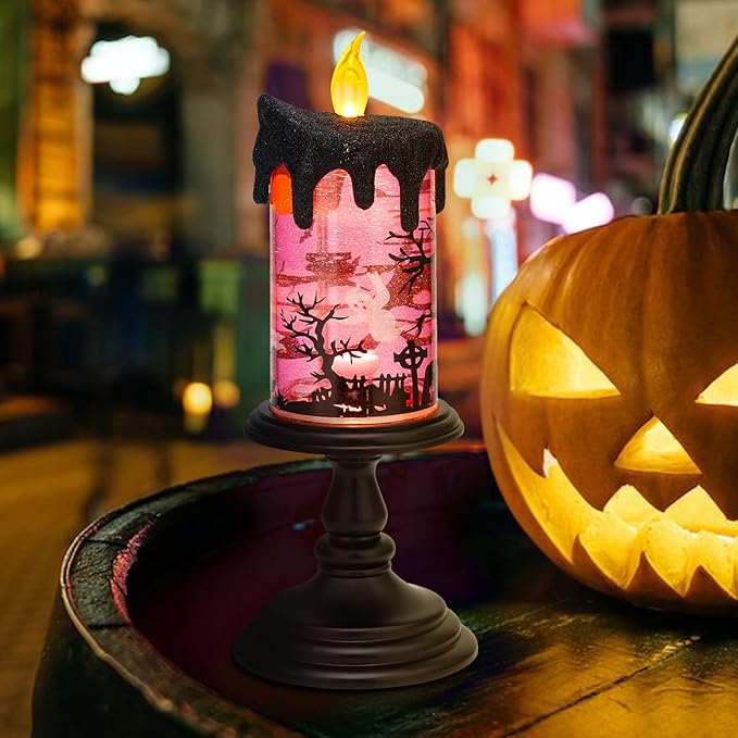 Halloween Snow Globe Candles Lighted Lamp, Lighted Flameless Candles with Water Glitter Swirls and Spooky Moving,Battery Operated