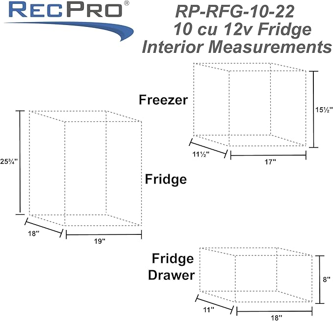 RecPro 10 Cu Ft 12V RV Refrigerator | Black Frost-Free Fridge with Freezer | Double Door, Adjustable Shelves, Reversible Door, Built-In Lock | 23.5”W x 26”D x 59”H | Off-Grid & Dry Camping Ready