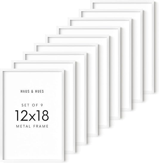 HAUS AND HUES 12x18 White Metal Picture Frames - Features Premium Aluminum, Vertical & Horizontal Hang, Shatterproof Plexiglass - Ideal for Home, Room, Office (12x18 in, White, Set of 9)