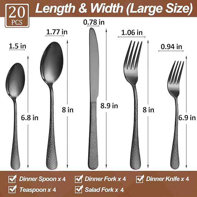 20 Pcs Black Silverware Set for 4 with Hammered Design, Food Grade Stainless Steel Flatware Set, Eating Utensils Sets Include Fork/Knife/Spoon, Cutlery Set, Dishwasher Safe