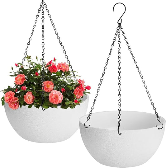 12 inch Hanging Planters for Indoor Plants, 2 Pack Planters for Outdoor Plants with Drainage Holes and Chain, Round Plastic Hanging Baskets, Hanging Flower Pots for Balcony Garden Decor-White