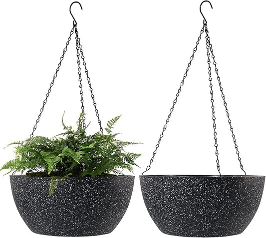 WOUSIWER 13 inch 2Pack Large Hanging Planters for Outdoor Indoor Plants with Drainage Holes and Chain, Round Hanging Flower Pots for Garden Home Porch Decor, Black Speckles