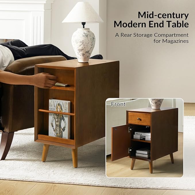 HULALA HOME End Table with Drawer Set of, Modern End Table with USB Ports and Outlets, Wooden Side Table with Storage-Acorn