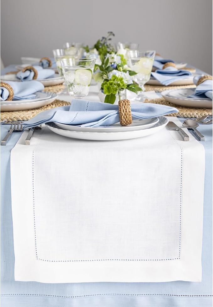 Solino Home Linen White Table Runner 48 Inches - Classic Hemstitch, 100% Pure Linen Coffee Table Runner 14 x 48 Inch Ideal for Dresser Tables - Fall, Autumn, Halloween, Thanksgiving