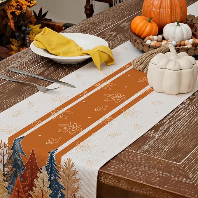 GEEORY Fall Watercolor Trees & Maple Leaves Striped Table Runner 13x48 Inch, Rustic Farmhouse Autumn Thanksgiving Decor for Kitchen, Dining, Indoor/Outdoor Holiday Dinner Party Orange GT157-48
