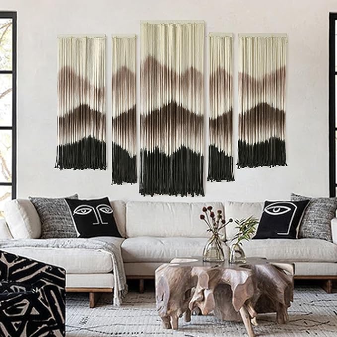 IOWER Large Macrame Wall Hanging Mountain Handmade Brown Dip-Dyed Boho Wall Decor 5Pcs Art Wall Decor for Bedroom Living Room Fiber Art Tapestry