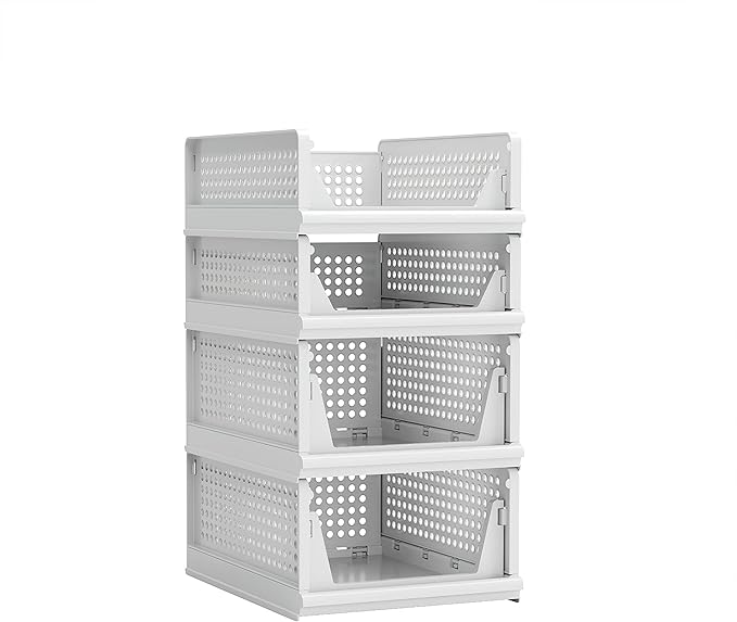 4 Pack Stackable Plastic Storage Basket Closet Organizer Bin Foldable Clothes Organizer Storage Drawer Shelf Container for Living Room Bathroom Kitchen Office (2L+2S)