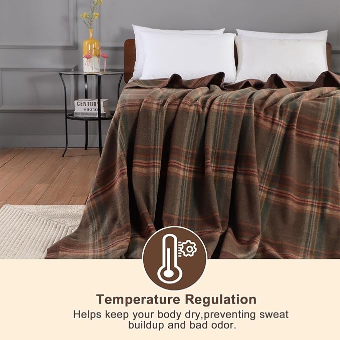 YOUR MOON 100% Pure Merino Wool Twin Size, Australian Organic Natural Wool Blanket, Hypoallergenic Wool Blanket for Bed, Medium Weight(Plaid Brown, 66 * 90)