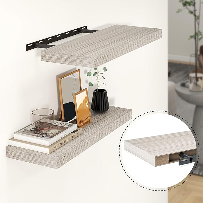 Heimlove 24 inch Floating Shelves for Wall,9.3 inch deep Grey Bathroom Over Toilet Shelf,Wall Mounted Rustic Wood Shelves for Bedroom,Living Room,Kitchen,Office Decor Set of 2-Grey