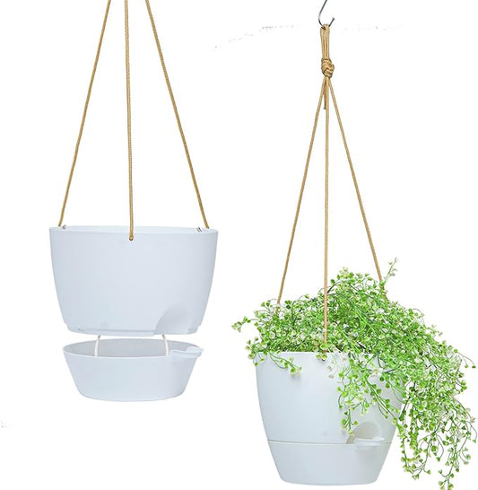 8 inch Hanging Planters, 2 Pack Self Watering Hanging Pots with 20oZ Deep Reservoir for Indoor Outdoor Plants Flowers, White