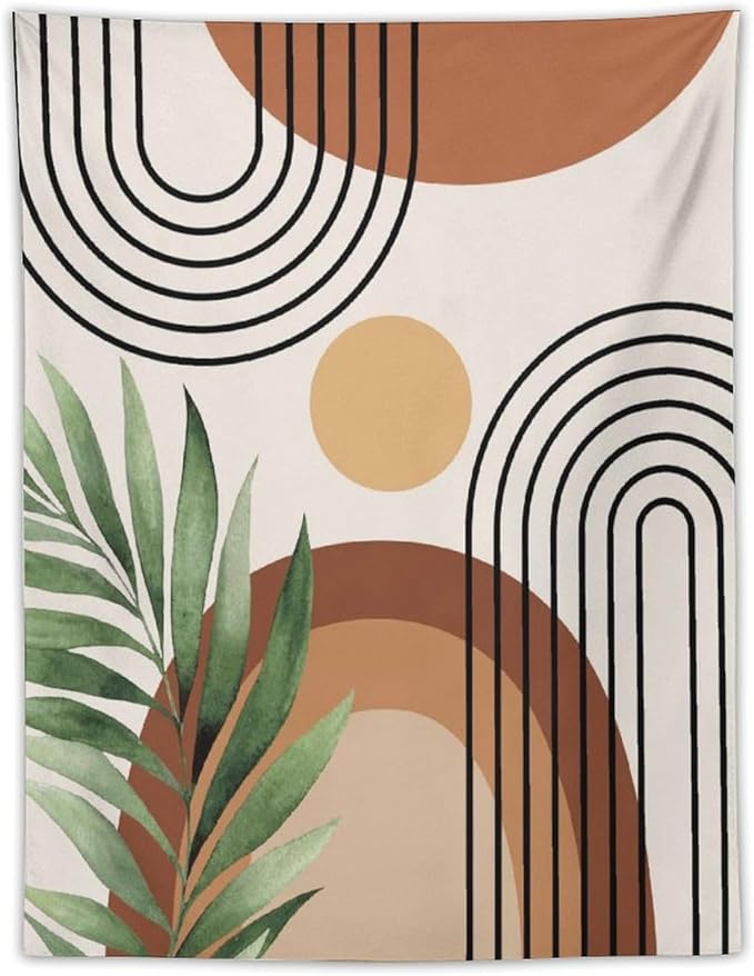 Abstract Bohemian Mid Century Tapestry, Tropical Leaves Modern Geometric Archway Minimalist Bohemian Botanical Aesthetic Wall Hanging, Sage Green Gold Home Decor Art for Bedroom 30x40 Inch