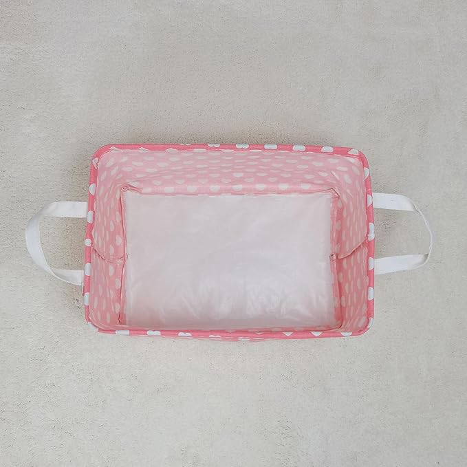 LANGYASHAN Rectangular Storage Bin Collapse Canvas Fabric Cartoon Storage Basket with Handles for Organizing Home Kitchen Boys and Girls Toys Office Closet Shelf Baskets (Rec pink heart)
