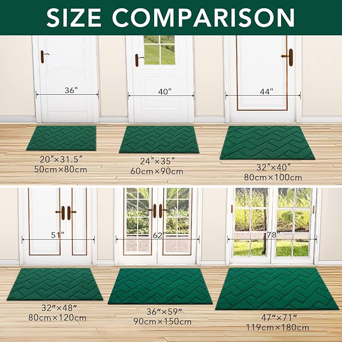 hicorfe Indoor Door Mat,Non Slip Door Mats,32"x48" Front Back Door Mat Rubber Backing,Absorbent Resist Dirt Entrance Inside Floor Mats for Entryway Washable Low-Profile(Evergreen)