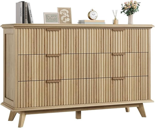 QUW Fluted Dresser for Bedroom with 6 Drawers, 47.2" Wide Modern Chest of Drawers with Metal Handle, Wooden Dresser TV Stand and Closet Clothes Storage Organizer for Living Room, Hallway, Natural Oak