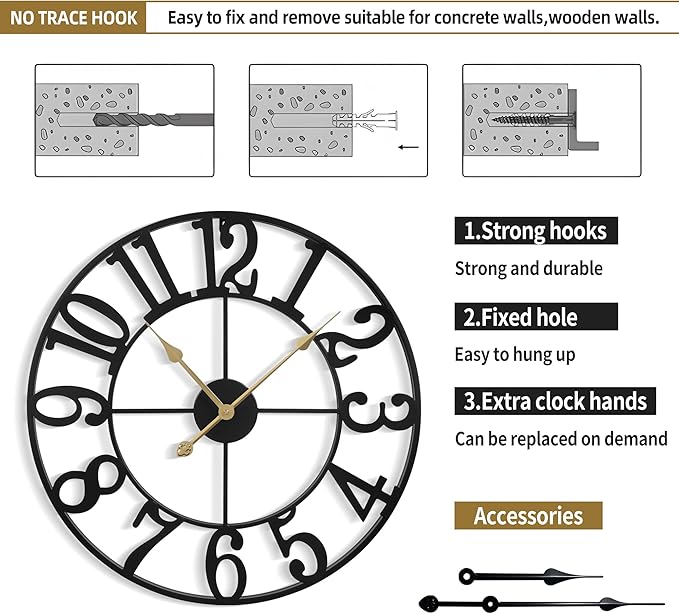 Large Wall Clock for Living Room Decor - 100cm/ 40 Inch Nearly Silent Non-Ticking Metal Wall Clocks Battery Operated, Vintage Decorative Modern Wall Clock for Bedroom, Office, Farmhouse Decor