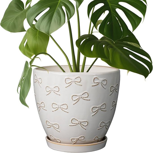 Ceramic Pots for Plants - 8 Inch Plant Pot with Drainage Hole and Saucer Large Planter Pot for Indoor Plants Outdoor Modern Flower Pot Home Decor White