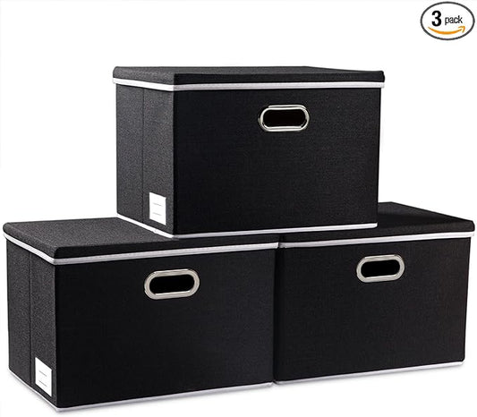 PRANDOM Extra Large Collapsible Storage Bins with Lids [3-Pack] Linen Fabric Foldable Storage Baskets Boxes Organizer Containers Cube with Cover for Bedroom Closet Office Nursery (22.8x15.7x13.8)