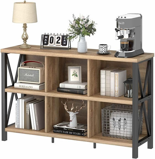 FATORRI 6 Cube Storage Organizer with Shelf, Long Wood and Metal Cubby Bookcase, Industrial Horizontal Bookshelf (Rustic Oak, 47 Inch)
