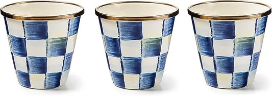 MACKENZIE-CHILDS Enamel Herb Pots, Small Plant Pots for Herbs or Flowers, Set of 3, Blue-and-White Royal Check