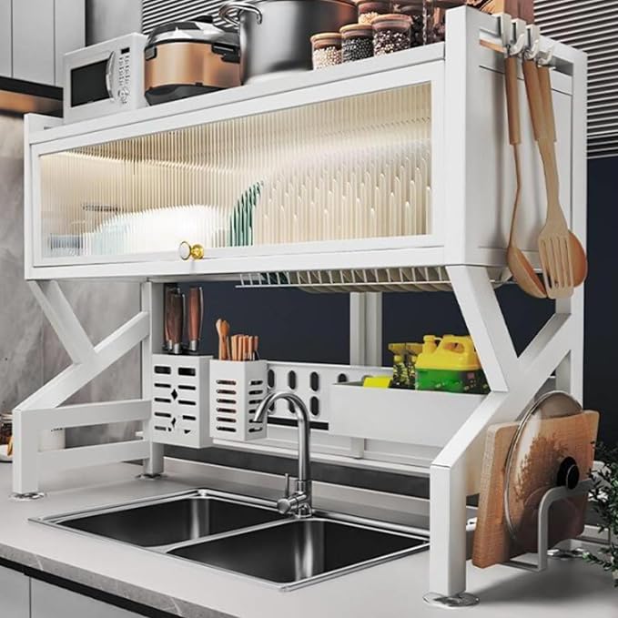 Kitchen sink rack dishwashing sink countertop dustproof cupboard storage multifunctional tableware storage drain rack double layer,KeepKitchen Sink Shlef Organized Space-Saving(White,75cm/29.5in)