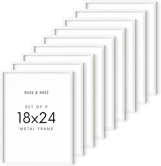 HAUS AND HUES 18x24 White Metal Picture Frames - Features Premium Aluminum, Vertical & Horizontal Hang, Shatterproof Plexiglass - Ideal for Home, Room, Office (18x24 in, White, Set of 9)
