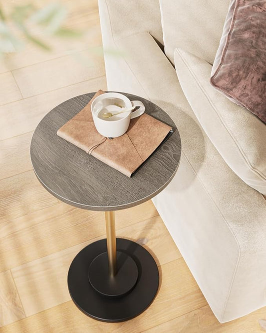 Masupu Drink Table, Round Side Table for Small Spaces, Pedestal Side Table, Small End Table with Metal Base, for Living Room, Bedroom, Bathroom, Grey