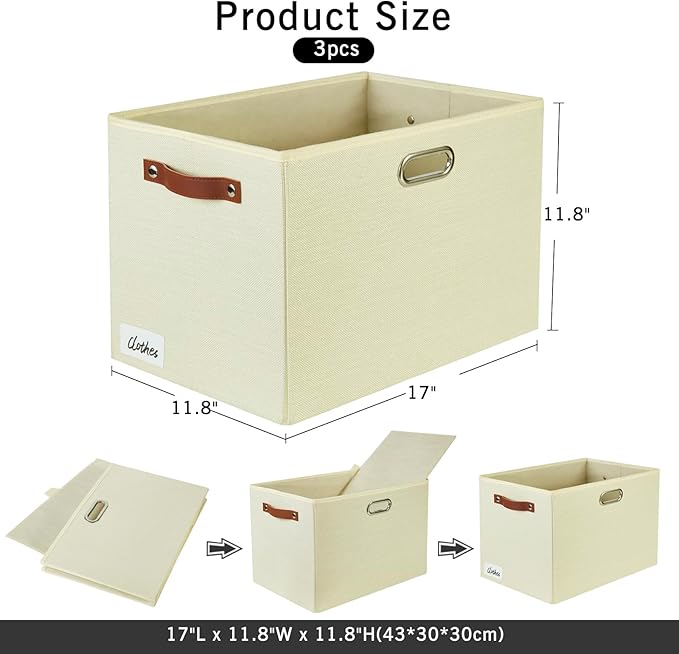 3-Pack Foldable Fabric Storage Bins with Durable PU & Metal Handles , Collapsible Storage Baskets for Shelves, Home Storage, Closet Organizers, Living Room(17"x11.8"x11.8", Beige)