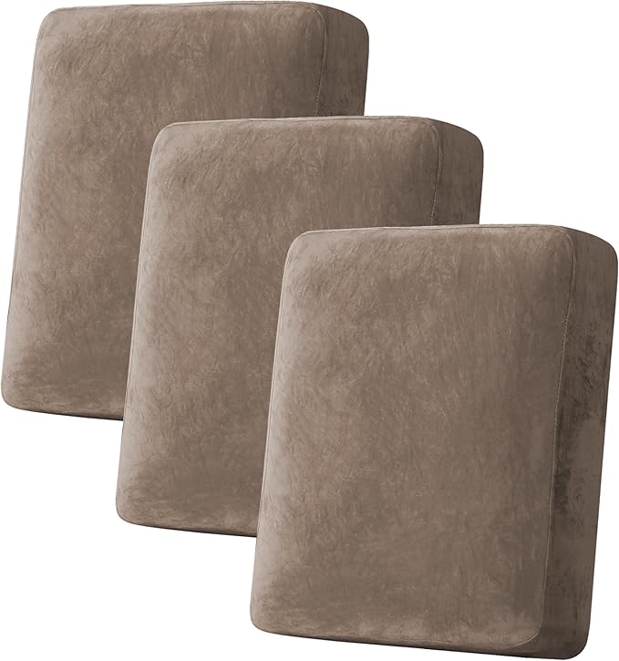 H.VERSAILTEX Velvet Stretch Couch Cushion Cover Plush Cushion Slipcover for Chair Loveseat Sofa Cushion Furniture Protector Seat Cushion Sofa Cover (3 Piece Sofa Cushion Covers, Mocha)