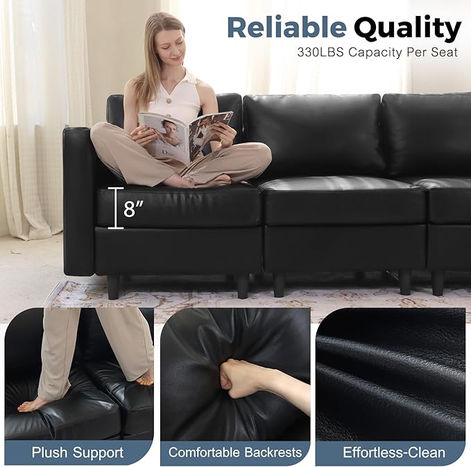 Oversized 172.5" Faux Leather Modular Sectional Sofa, Modern Large 10 Seater U Shaped Couch with Storage Seat with Reversible Chaise Deep Seat for Living Room DIY Combination - Black
