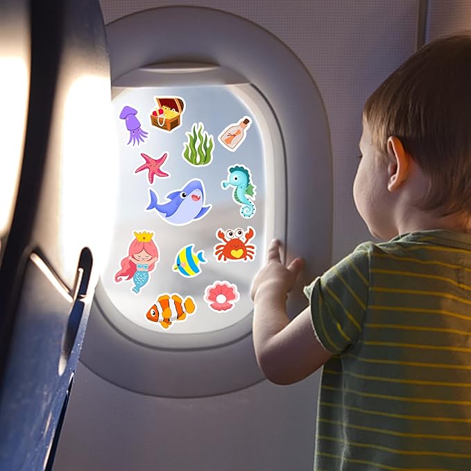 Sea Animals Gel Clings for Kids, 21PCS Thick Vinyl Decals, Cartoon Animal Stickers for Classroom, Home, Nursery, Airplane Birthday Party Supplies, Reusable, Water Resistant, Indoor Usage
