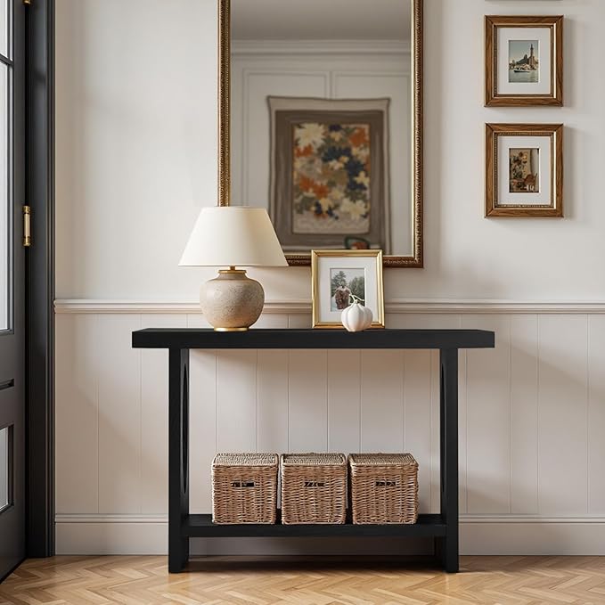 BECHAEO 47-Inch Modern Narrow Console Tables with Solid Wood Veneer - 2’’ Thickened Tabletop, 2-Tier Slim Sofa Table Behind Couch, Rectangle Entryway Table for Hallway Living Room, Black Oak