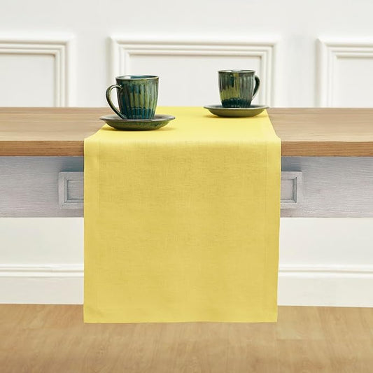 Solino Home Linen Table Runner 36 Inches - 100% Pure Linen Sunshine Yellow Table Runner 14 x 36 Inch Ideal for Dresser and Coffee Tables - Fete