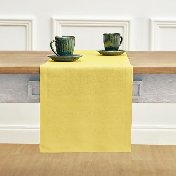Solino Home Linen Table Runner 90 Inches Long - 100% Pure Linen Sunshine Yellow Dining Table Runner 14 x 90 Inch - Fete