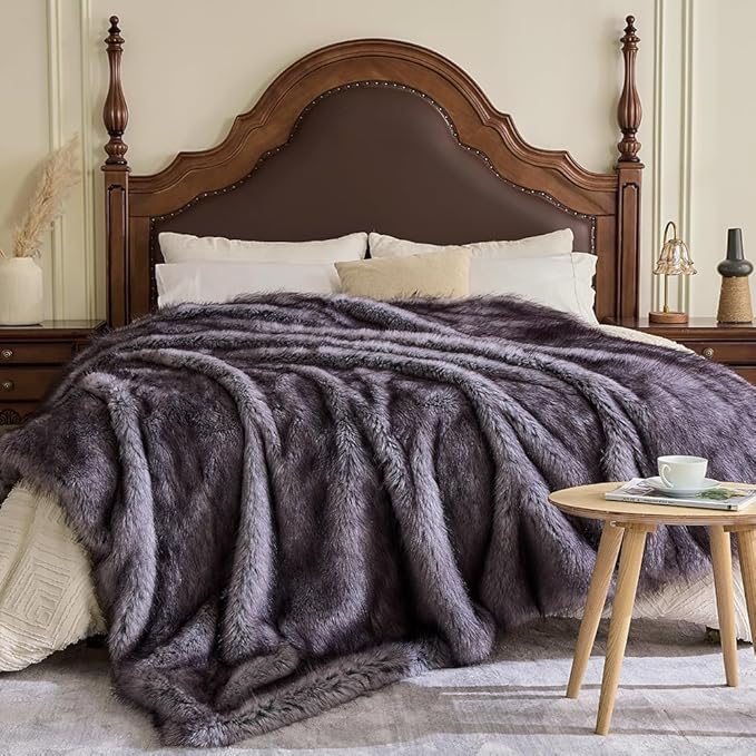 Fluffy Faux Fur Throw Blanket – Super Soft Warm Thick Plush Blanket for Bed, Couch & Office, Cozy Fuzzy Throw with Flannel Backing,108"x90", Grey