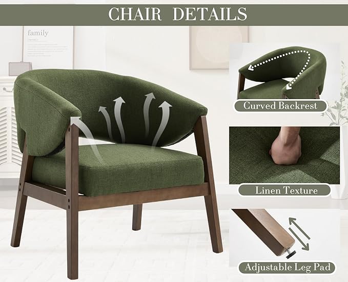 Mid-Century Modern Accent Chairs Set of 2, Comfy Barrel Armchairs with Wide Seat, Upholstered Lounge Chairs with Walnut Wood Legs for Living Room/Bedroom/Reading Corner, Linen Fabric, Deep Green