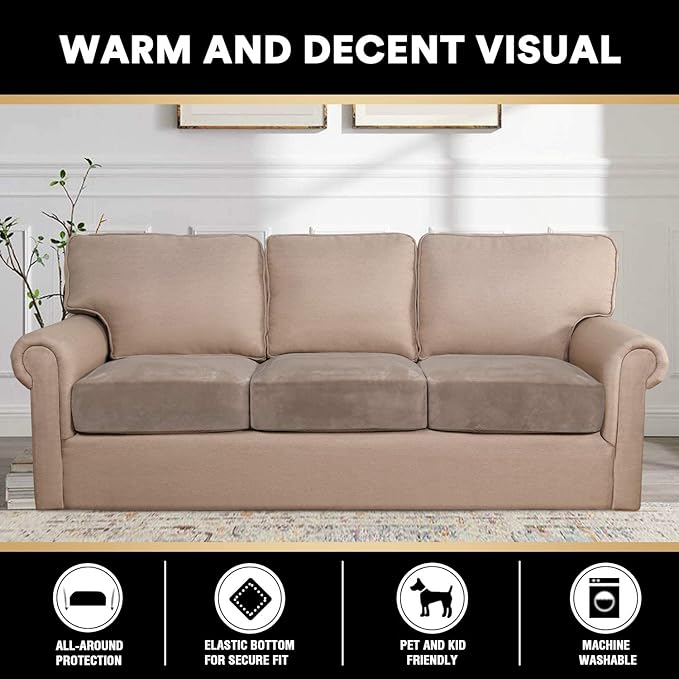 PrinceDeco Velvet Stretch Couch Cushion Cover Soft Cushion Slipcover for Chair Loveseat Sofa Cushion Furniture Protector Seat Cushion Sofa Cover (3 Piece XL Sofa Cushion Covers, Taupe)